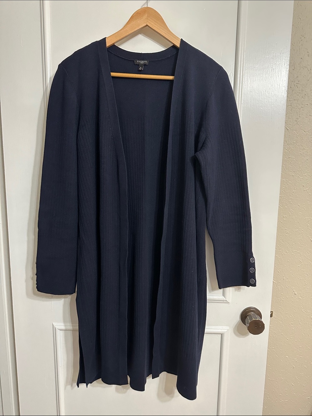 Talbots Navy Long Open-Front Ribbed Cardigan with Cuff Buttons - Women's